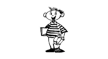 Zeichnung schwarz-weiß: Kind mit Ringelpulli, unterm rechten Arm ein Buch, in der linken Hand hält es eine Handtrommel