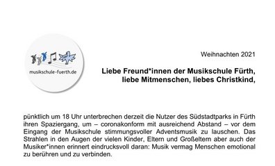 Anfang des Weihnachtsbriefes: Liebe Freund*innen der Musikschule Fürth, liebe Mitmenschen, liebes Christkind,