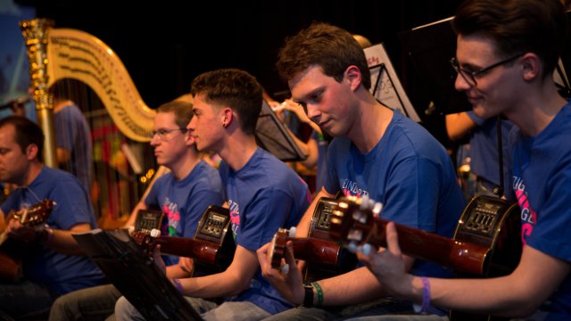 Junge Männer mit Gitarre, alle tragen das Festival-T-Shirt FIS 2017. Im Hintergrund eine Harfe