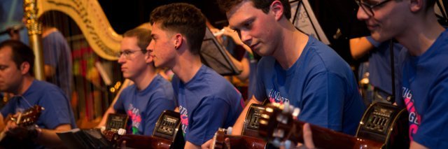 Junge Männer mit Gitarre, alle tragen das Festival-T-Shirt FIS 2017. Im Hintergrund eine Harfe