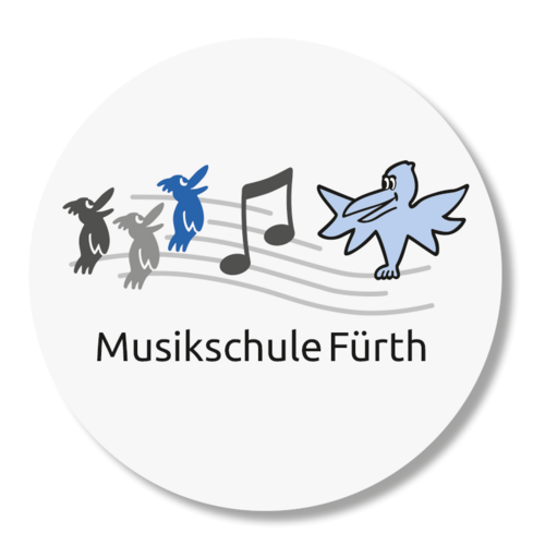 Kreis mit Aufschrift "Musikschule Fürth" unter einer verspielten Grafik mit Noten