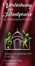 Veranstaltungsflyer mit den Veranstaltungsdaten. In der Mitte eine Zeichnung des Stadttheaters, daneben ein Notenschlüssel und eine Tänzerin.