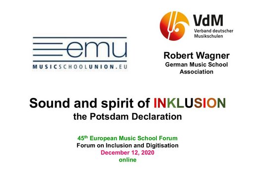Startfolie des PowerPoint-Vortrages mit den Logos der European Musicschool Union und des Verbandes deutscher Musikschulen, darunter der Titel des Vortrages: Sound and spirit of Inclusion