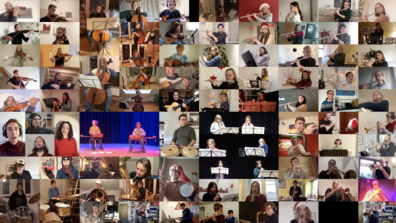 Screenshot des Videos: Über 100 Einzelvideos sind zu einem Bild zusammengebastelt. Es sind Kinder, Jugendliche und Erwachsene mit verschiedenen Instrumenten zu sehen.